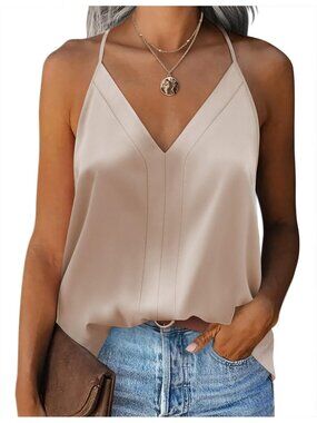 Women's Champagne Sleeveless V Neck Silk Satin Causal Pull On Blouse Tank Tops